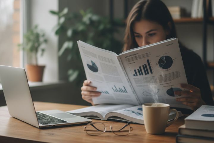 A person reading a printed report with charts at a desk beside a laptop and a cup of tea